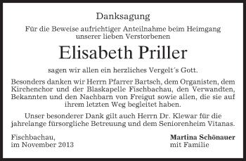 Todesanzeige von Elisabeth Priller von merkurtz