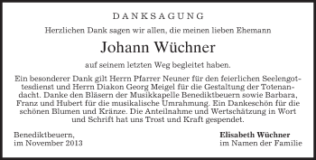 Todesanzeige von Johann Wüchner von merkurtz