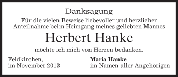 Todesanzeige von Herbert Hanke von merkurtz