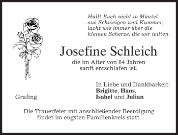 Todesanzeige von Josefine Schleich von MERKUR & TZ