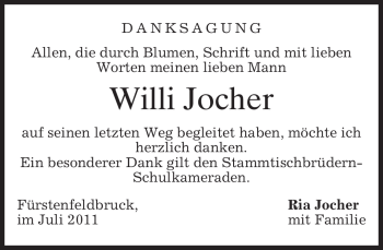 Todesanzeige von Willi Jocher von MERKUR & TZ
