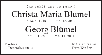 Todesanzeige von Christa Maria und Georg Blümel von merkurtz