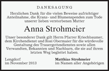 Todesanzeige von Anna Strohmeier von merkurtz