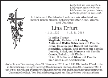 Todesanzeige von Lina Erfurt von merkurtz