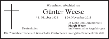 Todesanzeige von Günter Weese von merkurtz