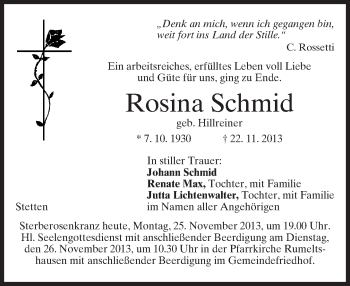 Todesanzeige von Rosina Schmid von merkurtz