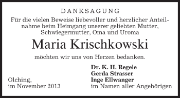 Todesanzeige von Maria Krischkowski von merkurtz