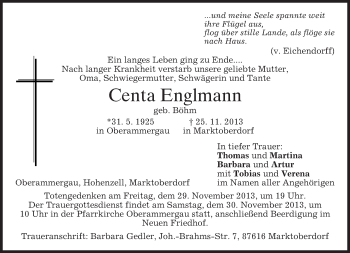 Todesanzeige von Centa Englmann von merkurtz