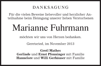 Todesanzeige von Marianne Fuhrmann von merkurtz