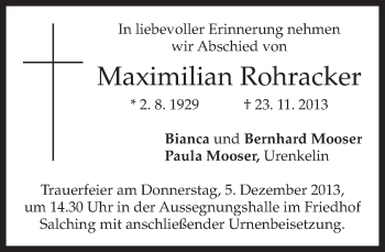 Todesanzeige von Maximilian Rohracker von merkurtz