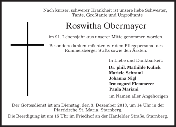 Todesanzeige von Roswitha Obermayer von merkurtz
