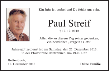 Todesanzeige von Paul Streif von merkurtz