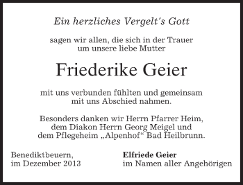 Todesanzeige von Friederike Geier von merkurtz