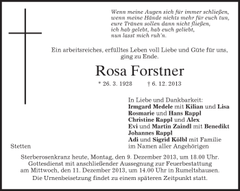 Todesanzeige von Rosa Forstner von merkurtz