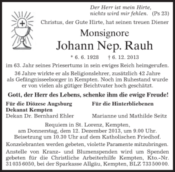 Todesanzeige von Johann Nep. Rauh von merkurtz