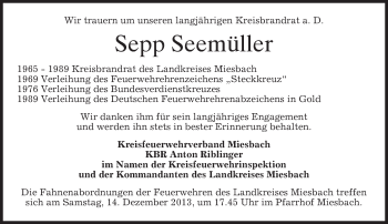 Todesanzeige von Sepp Seemüller von merkurtz