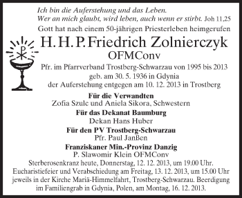 Todesanzeige von Friedrich Zolnierczyk von merkurtz