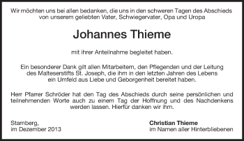 Todesanzeige von Johannes Thieme von merkurtz