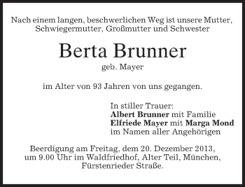 Todesanzeige von Berta Brunner von merkurtz