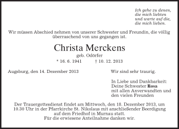 Todesanzeige von Christa Merckens von merkurtz