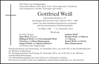 Todesanzeige von Gottfried Weiß von merkurtz