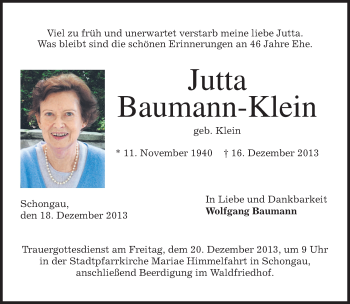 Todesanzeige von Jutta Baumann-Klein von merkurtz