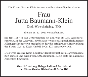 Todesanzeige von Jutta Baumann-Klein von merkurtz