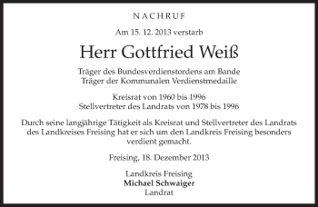 Todesanzeige von Gottfried Weiß von merkurtz