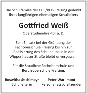 Todesanzeige von Gottfried Weiß von merkurtz