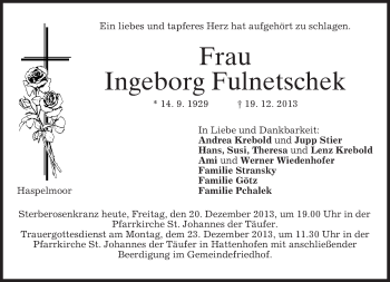 Todesanzeige von Ingeborg Fulnetschek von merkurtz