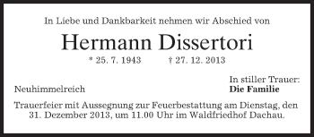 Todesanzeige von Hermann Dissertori von merkurtz