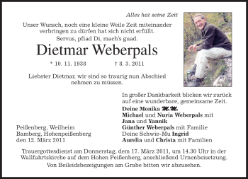 Todesanzeige von Dietmar Weberpals von MERKUR & TZ