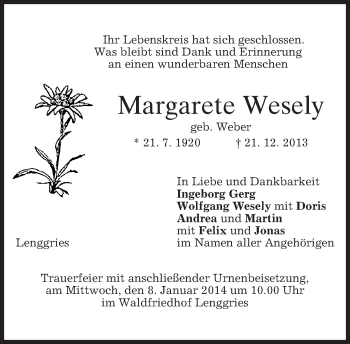 Todesanzeige von Margarete Wesely von merkurtz