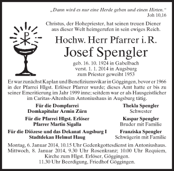 Todesanzeige von Josef Spengler von merkurtz