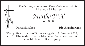 Todesanzeige von Martha Weiß von merkurtz
