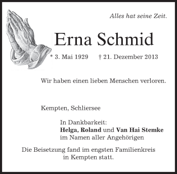 Todesanzeige von Erna Schmid von merkurtz
