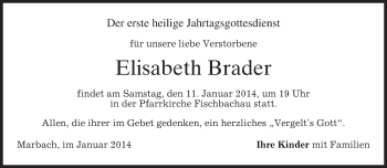 Todesanzeige von Elisabeth Brader von merkurtz