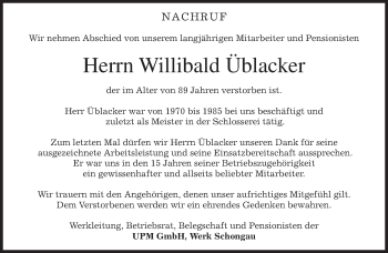 Todesanzeige von Willibald Üblacker von merkurtz