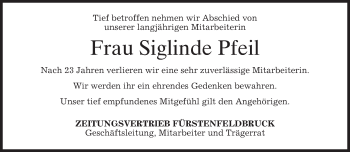 Todesanzeige von Siglinde Pfeil von merkurtz