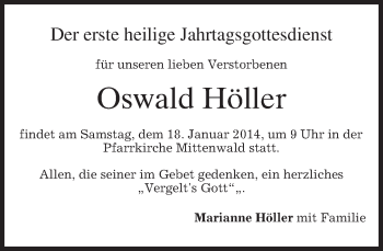 Todesanzeige von Oswald Höller von merkurtz