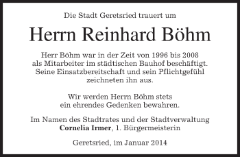 Todesanzeige von Reinhard Böhm von merkurtz