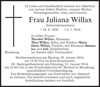 Todesanzeige von Juliana Willax von merkurtz
