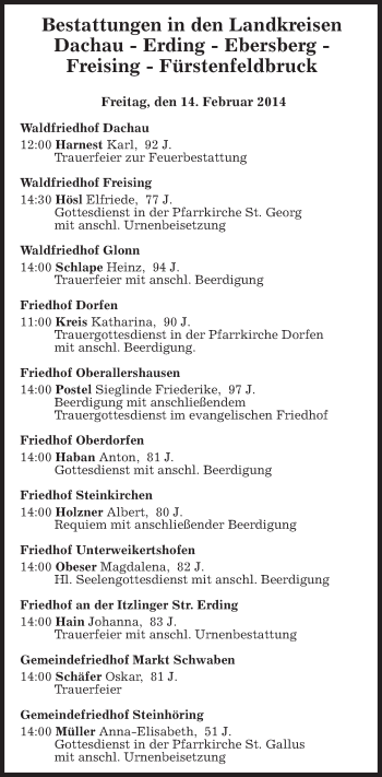 Todesanzeige von Bestattungen  von merkurtz