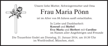Todesanzeige von Maria Pönn von merkurtz