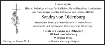 Todesanzeige von Sandra von Oldenburg von merkurtz