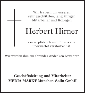 Todesanzeige von Herbert Hirner von merkurtz