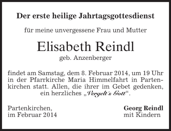 Todesanzeige von Elisabeth Reindl von merkurtz