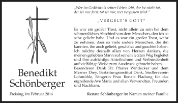 Todesanzeige von Benedikt Schönberger von merkurtz