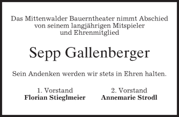 Todesanzeige von Sepp Gallenberger von merkurtz