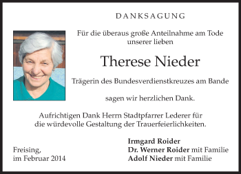 Todesanzeige von Therese Nieder von merkurtz